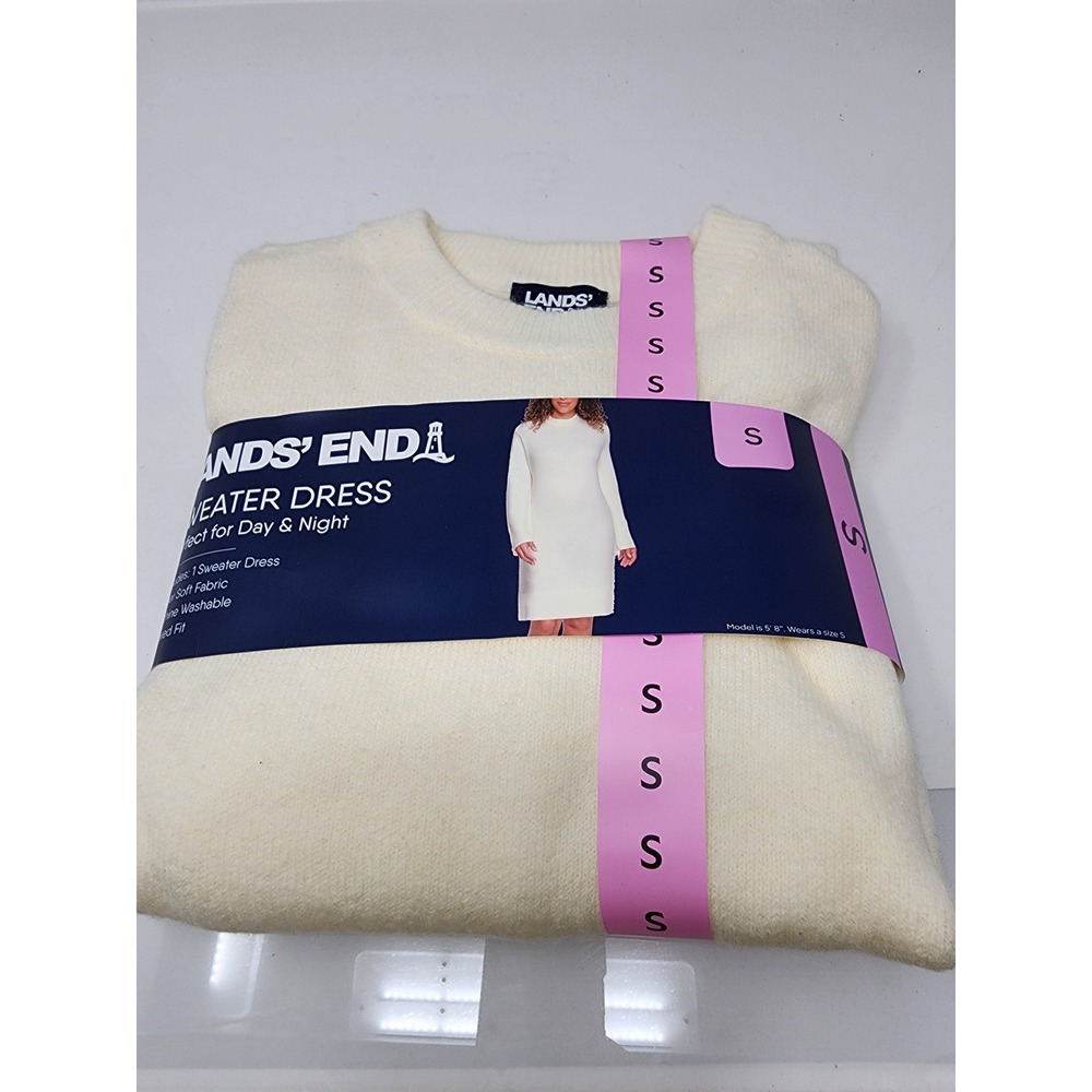 Lands' End Womens Knit Sweater Dress Cream Acrylic Blend Casual‎ Size Small